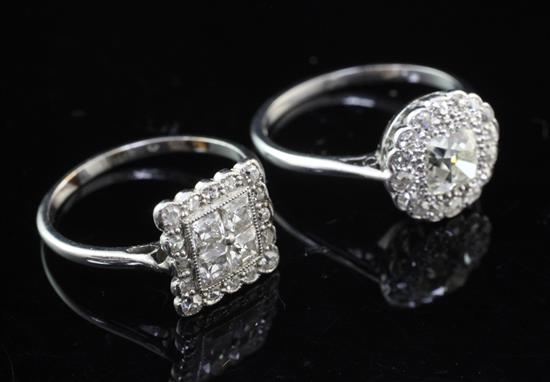 Two 1920s/1930s diamond cluster rings, sizes L & J respectively.